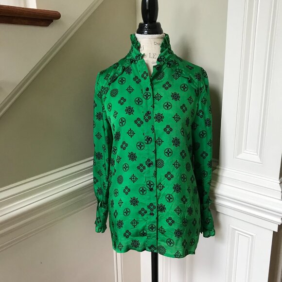 Suzie Winkle Katie Button Down Shirt Top Blouse Womens 36 Small Green Black - Picture 4 of 15